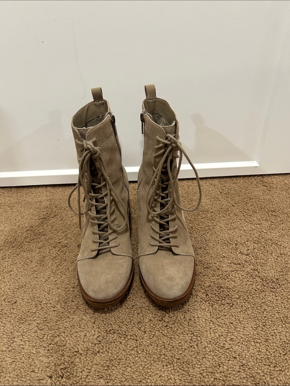 Vince Camuto Taupe Lace-Up Suede boots w/side zippers
